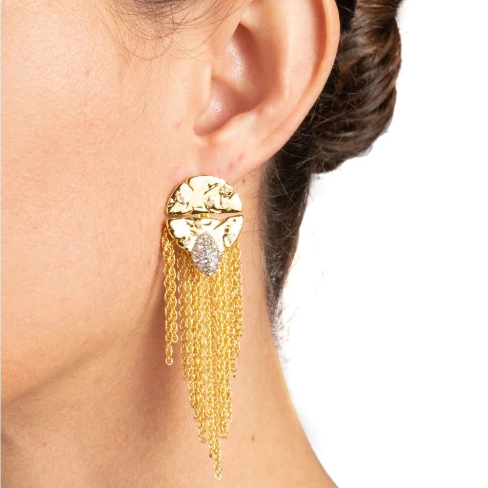 Alexis Bittar Gold Rocky Textured Disc Tapered Chain Fringe Crystal Pod …